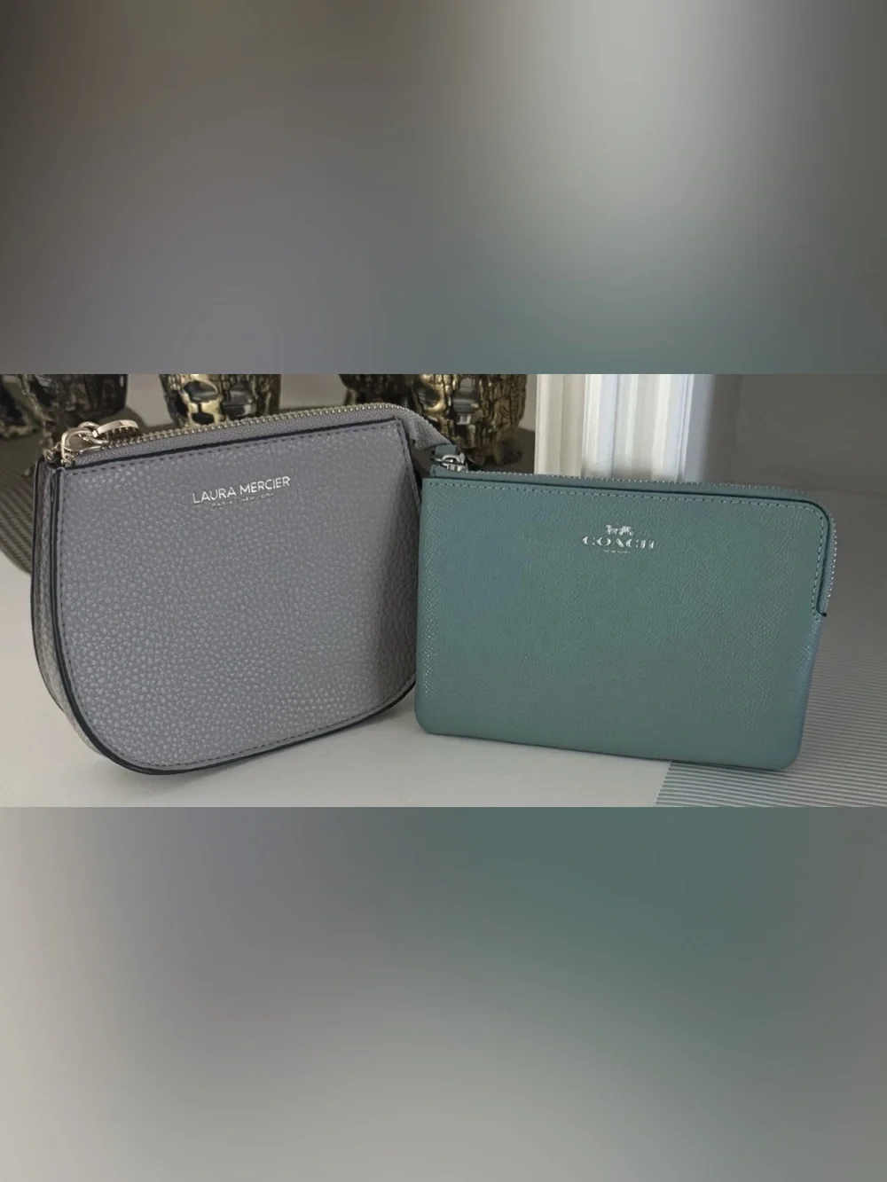 Coach Teal Green Pebble Leather Wristlet Coach Cosmetic Bag & Laura Mercier Grey